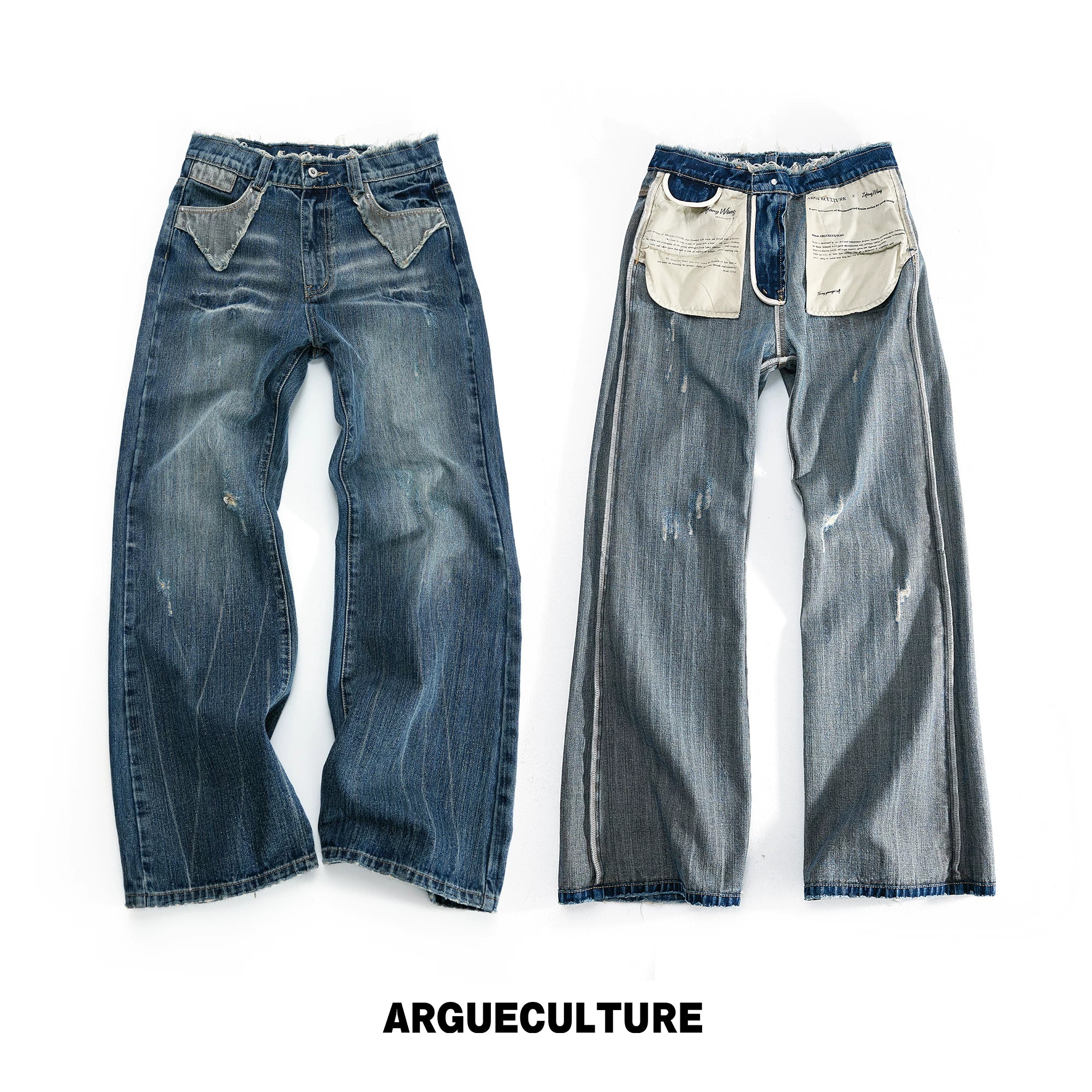Deep Blue Distressed Bootcut Slub Denim Jeans - Deep Blue