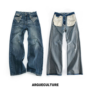 Deep Blue Distressed Bootcut Slub Denim Jeans - Deep Blue