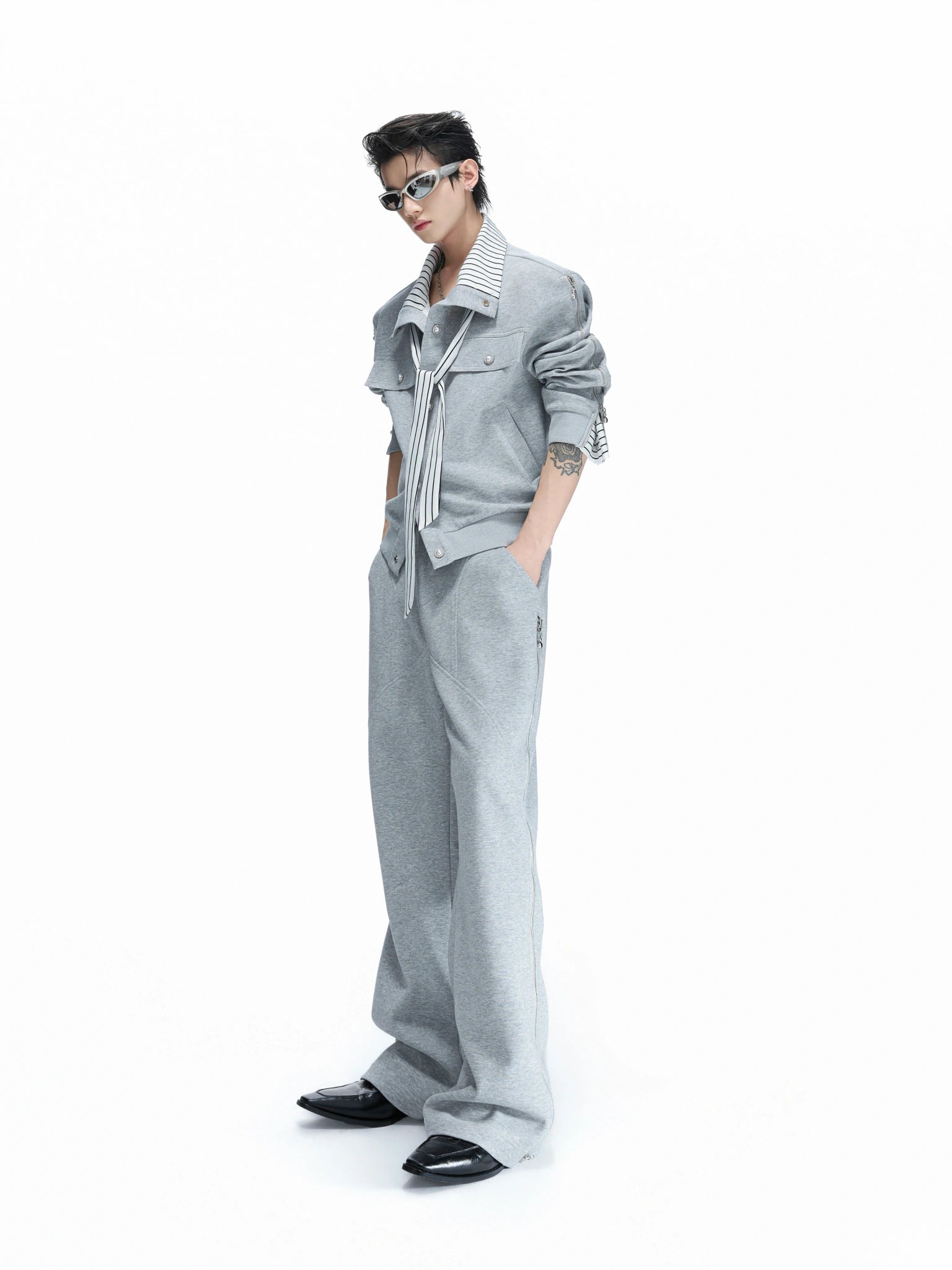 Zip Sweatshirt & Flared Pants, Striped Ribbon Detail - main image 1