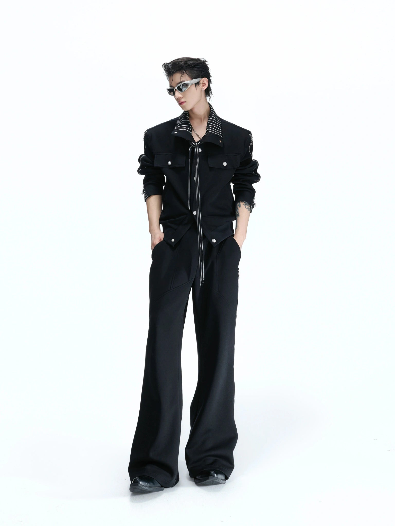 Zip Sweatshirt & Flared Pants, Striped Ribbon Detail - main image 2