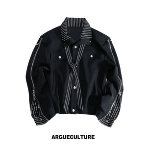 Zip Sweatshirt & Flared Pants, Striped Ribbon Detail - Top / Black