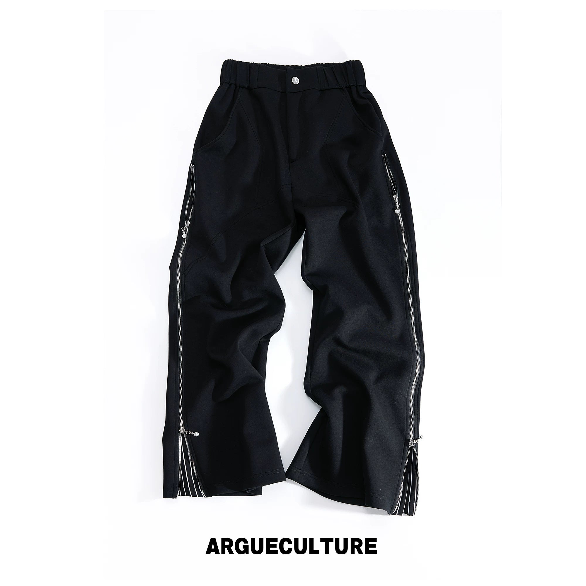 Zip Sweatshirt & Flared Pants, Striped Ribbon Detail - Bottoms / Black