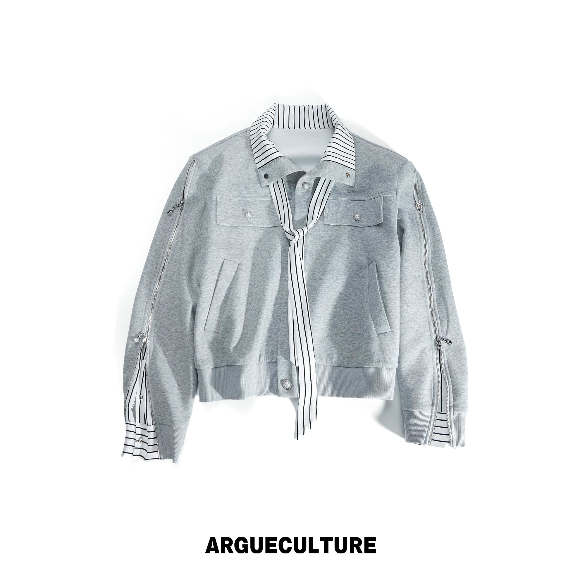 Zip Sweatshirt & Flared Pants, Striped Ribbon Detail - Top / Gray