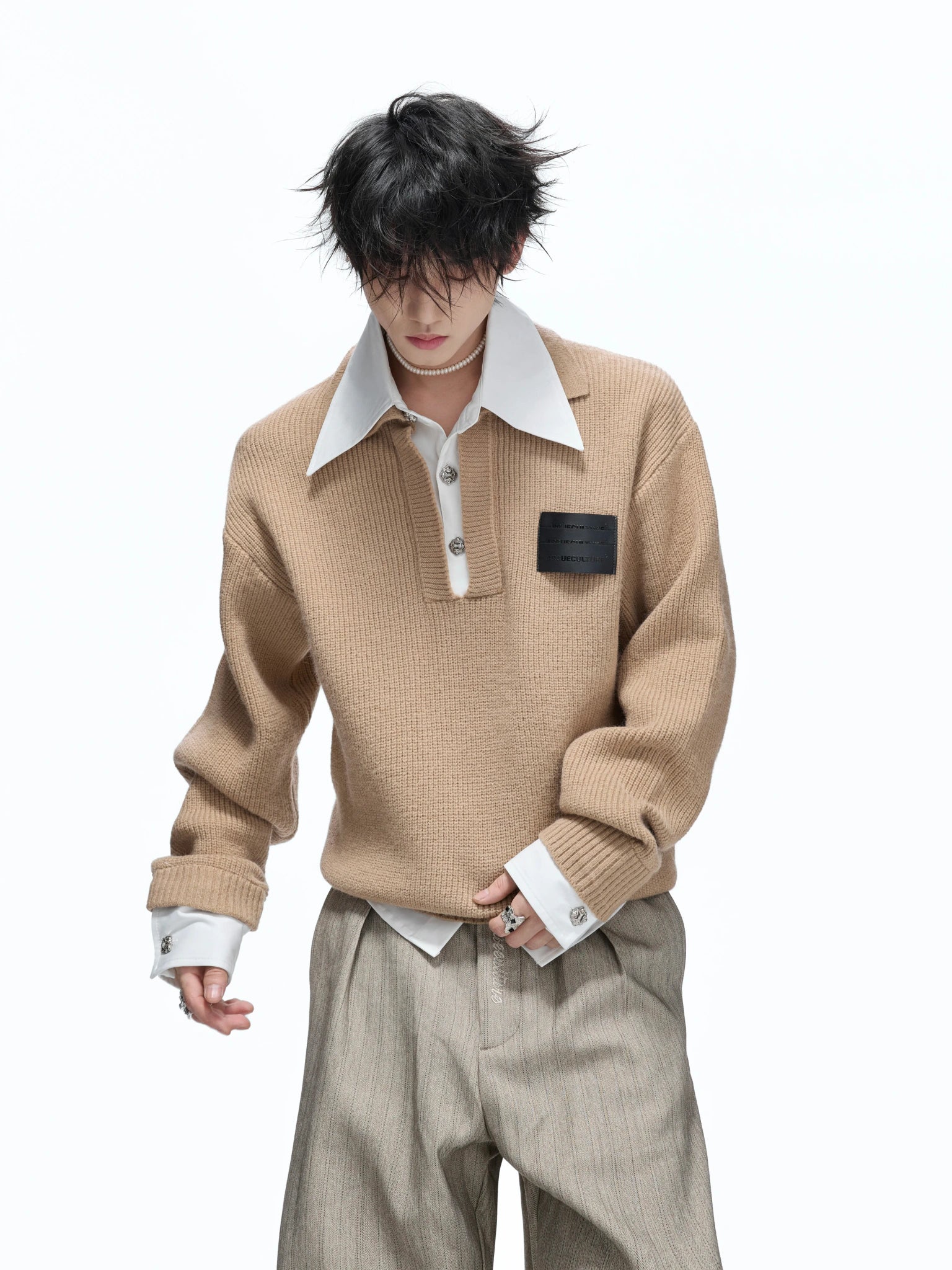 Faux-Layered Contrast Collar Knit Sweater - main image 1