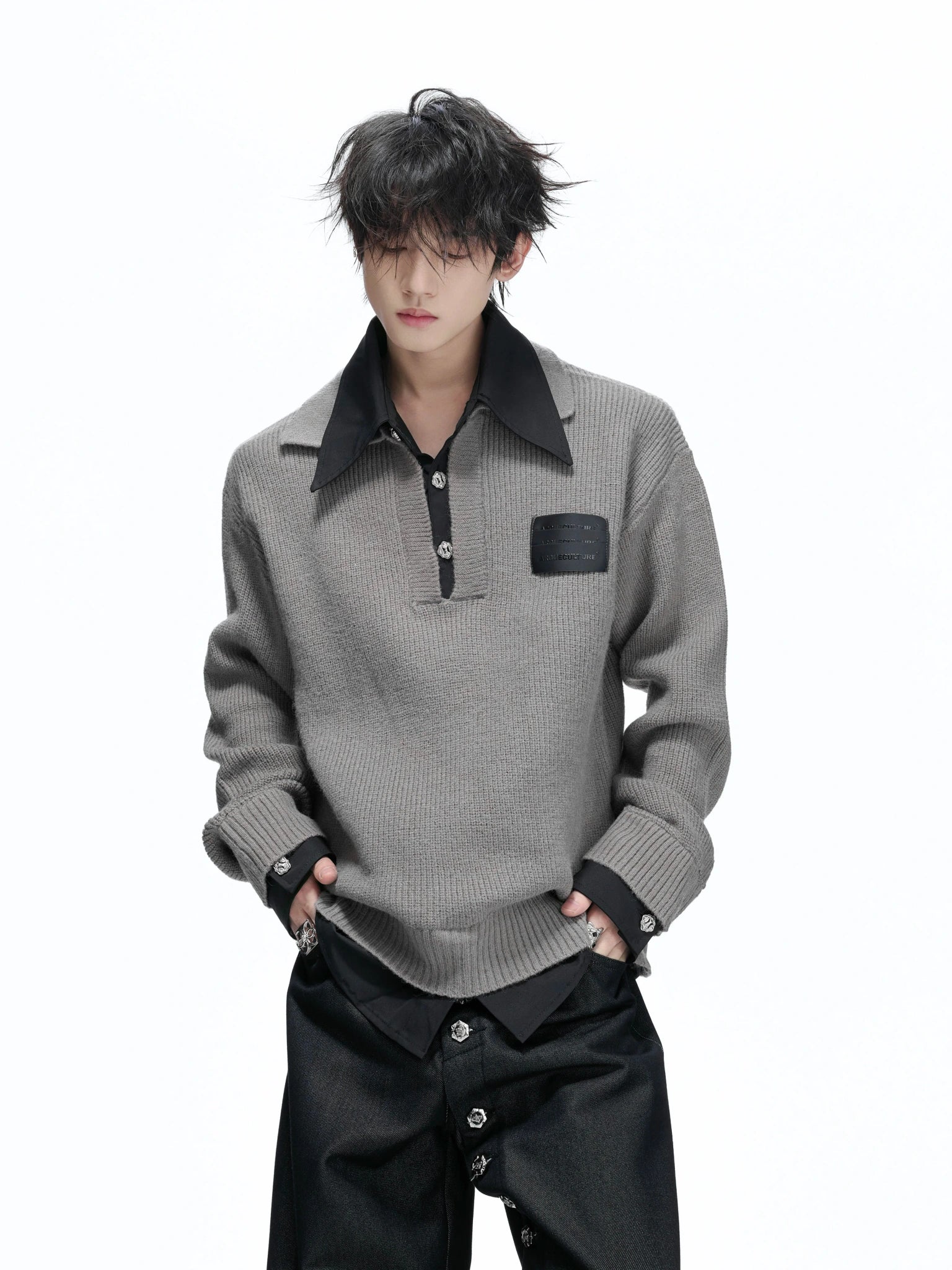 Faux-Layered Contrast Collar Knit Sweater - main image 2