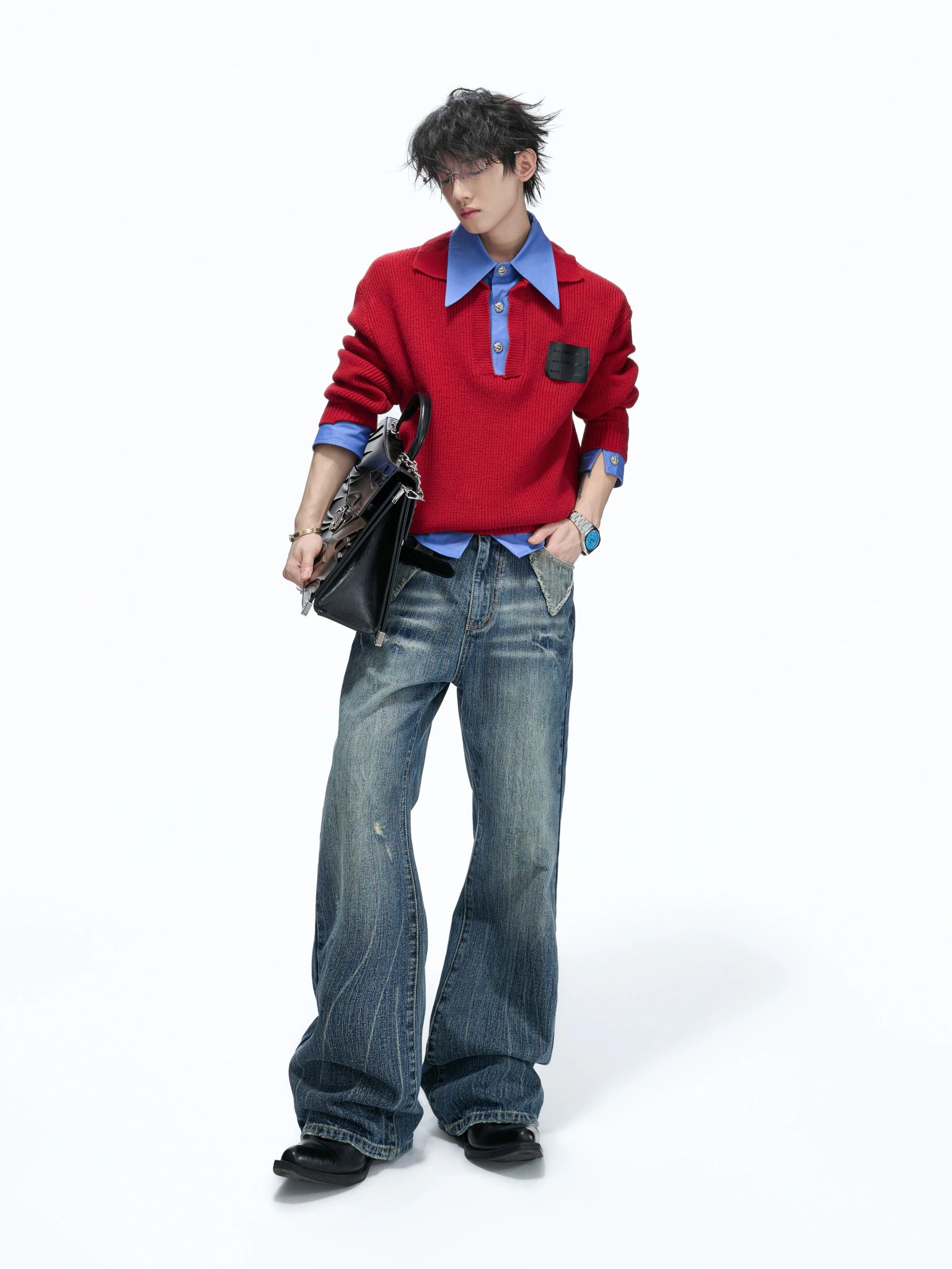 Faux-Layered Contrast Collar Knit Sweater - main image 3