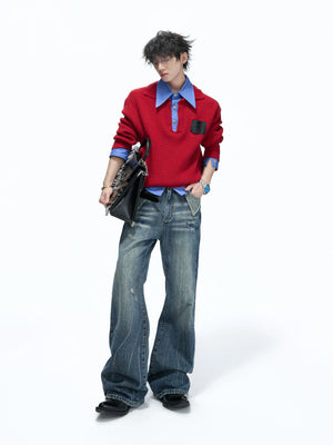 Faux-Layered Contrast Collar Knit Sweater - main image 3
