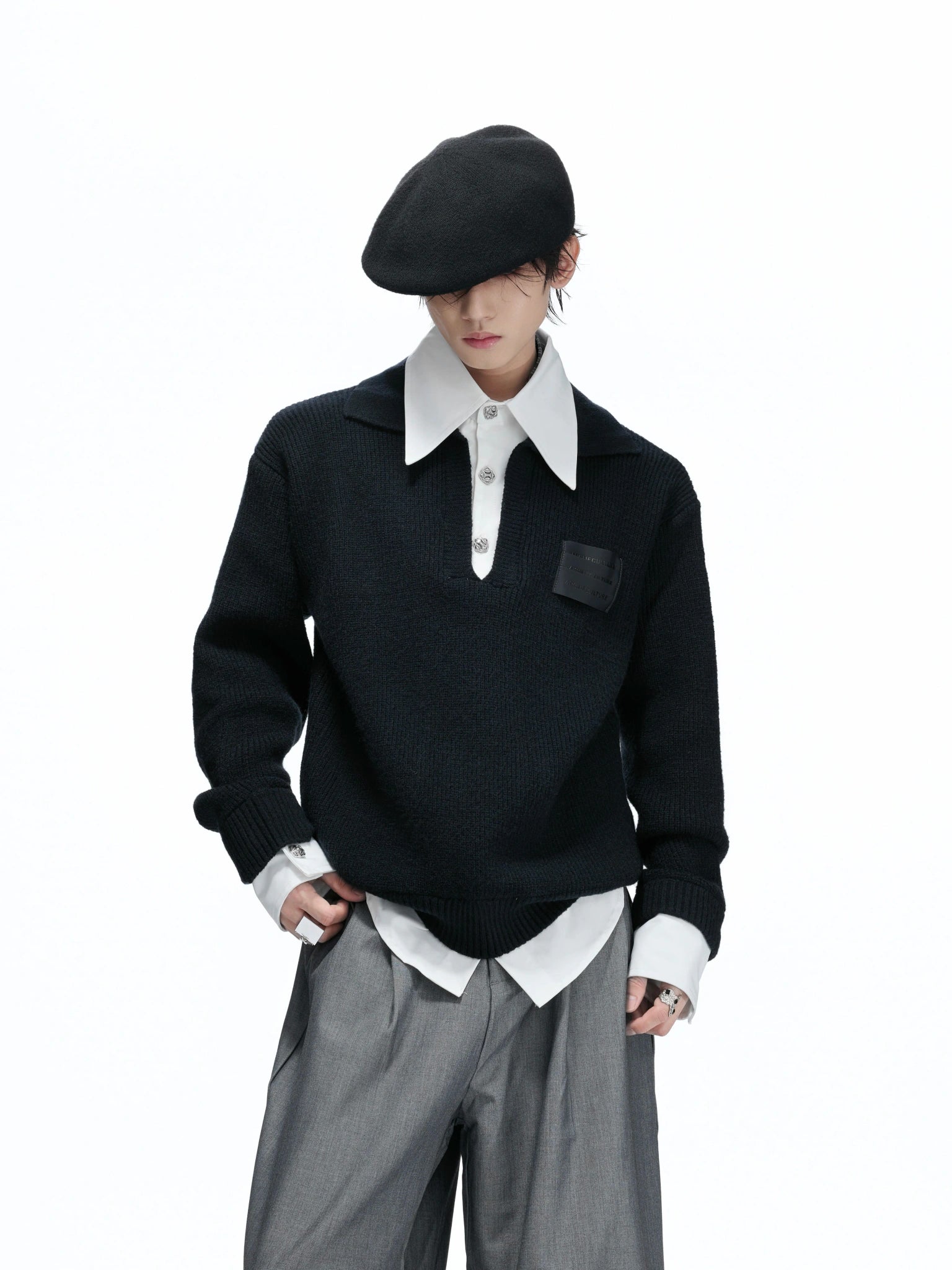Faux-Layered Contrast Collar Knit Sweater - main image 4