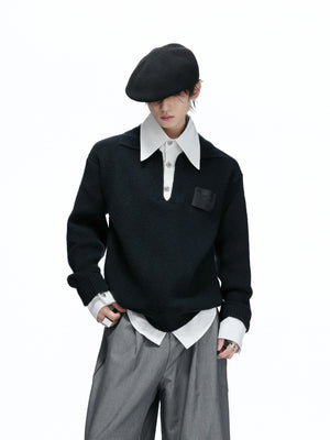 Faux-Layered Contrast Collar Knit Sweater - main image 4