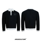 Faux-Layered Contrast Collar Knit Sweater - Black Top