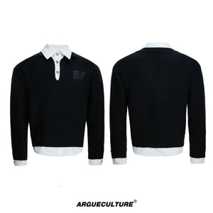 Faux-Layered Contrast Collar Knit Sweater - Black Top