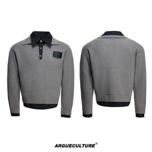 Faux-Layered Contrast Collar Knit Sweater - Gray Top