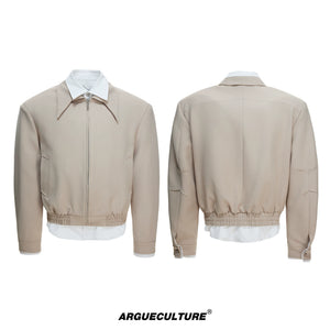 Deconstructed Faux-Layer Cropped Boxy Zip-Front Jacket - Khaki