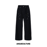Floral Embroidered Rivet Straight-Leg Denim Jeans - Black