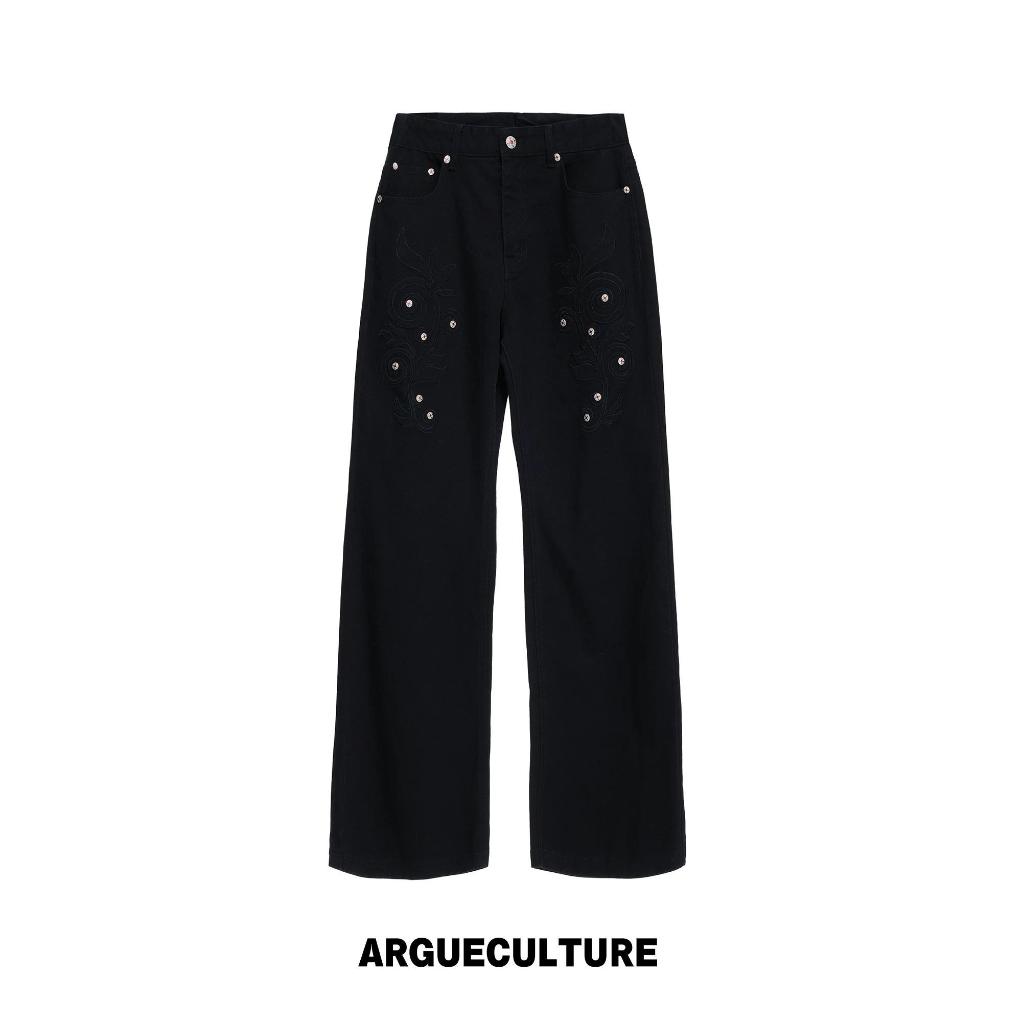 Floral Embroidered Rivet Straight-Leg Denim Jeans - Black