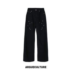 Floral Embroidered Rivet Straight-Leg Denim Jeans - Black