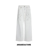 Floral Embroidered Rivet Straight-Leg Denim Jeans - White