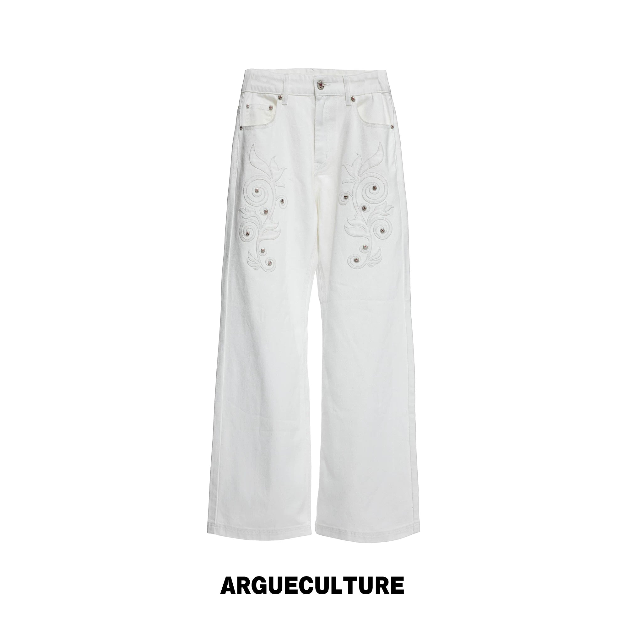 Floral Embroidered Rivet Straight-Leg Denim Jeans - White