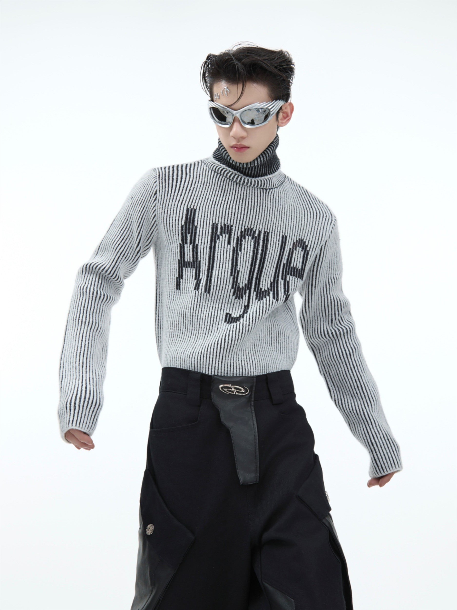 Chic High Neck Textured Sweater with Logo Embroidery - ArgueCulture