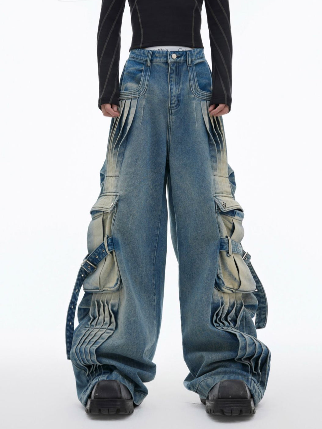 Vintage Wash Pleated Denim Cargo Pants with Multiple Pockets - ArgueCulture