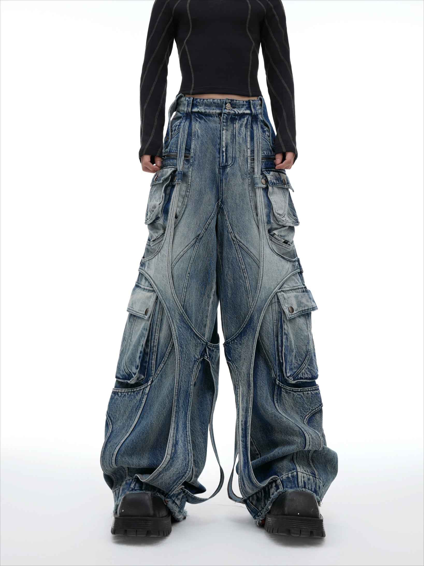 Vintage Washed Wide-Leg Denim Cargo Pants with Strap Details - ArgueCulture