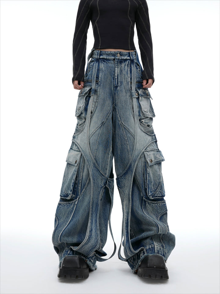 Vintage Washed Wide-Leg Denim Cargo Pants with Strap Details - ArgueCulture