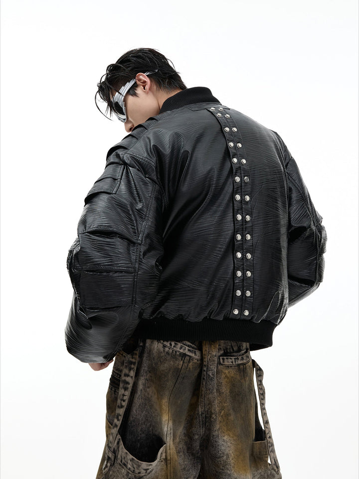 Layered Faux Leather Bomber Jacket with Metallic Accents - ArgueCulture