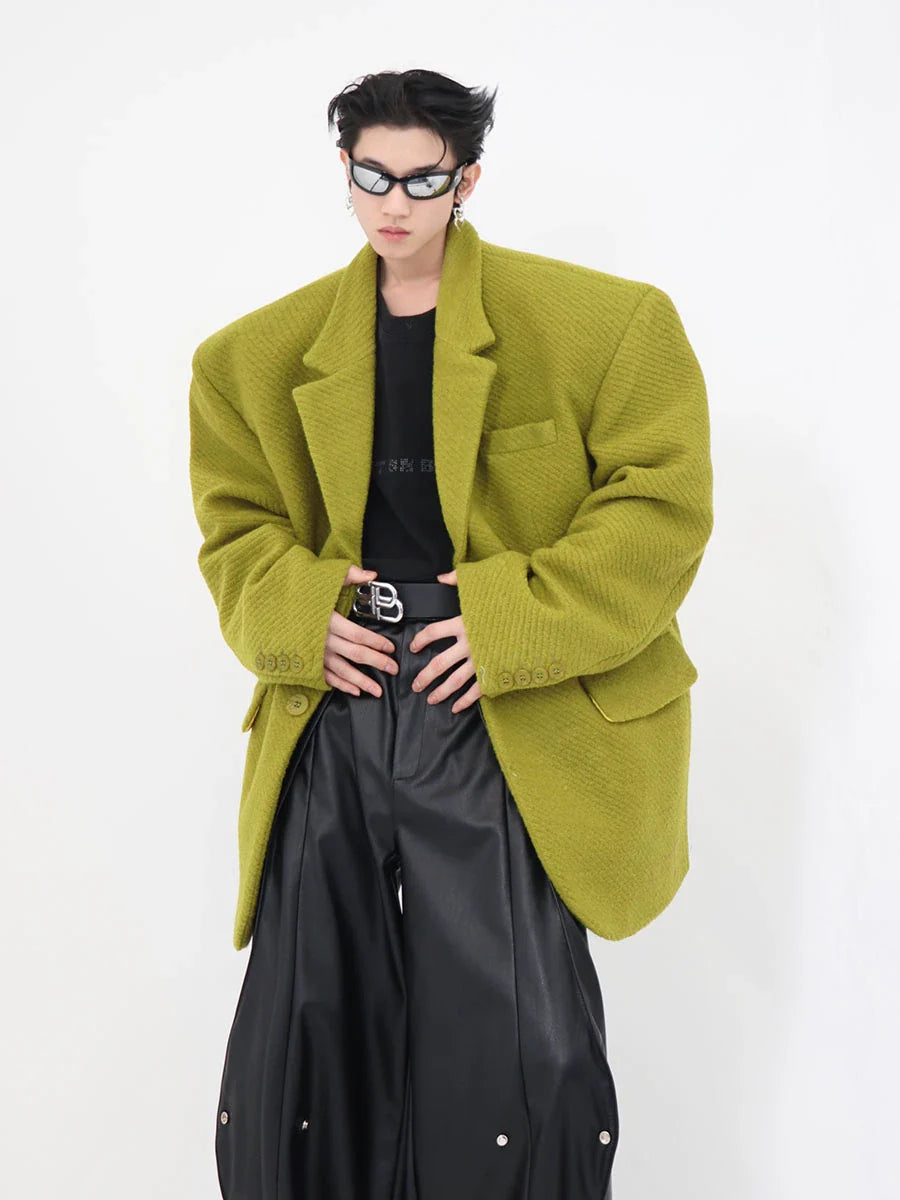 Wool-Blend Oversized Suit Jacket - Thick Shoulder Pads - Striped