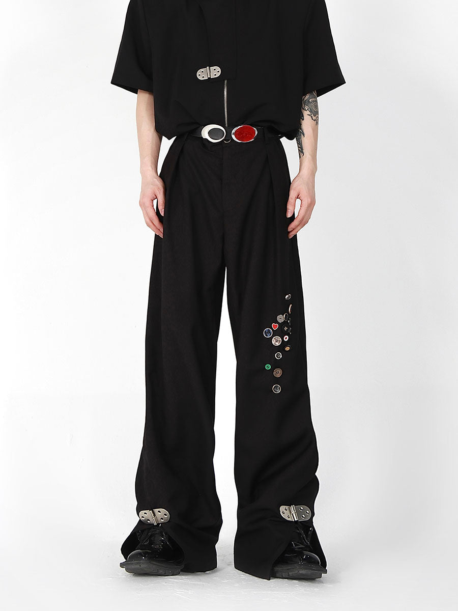 Metal-Button Split-Hem Wide-Leg Dress Pants - Streetwear Office Chic