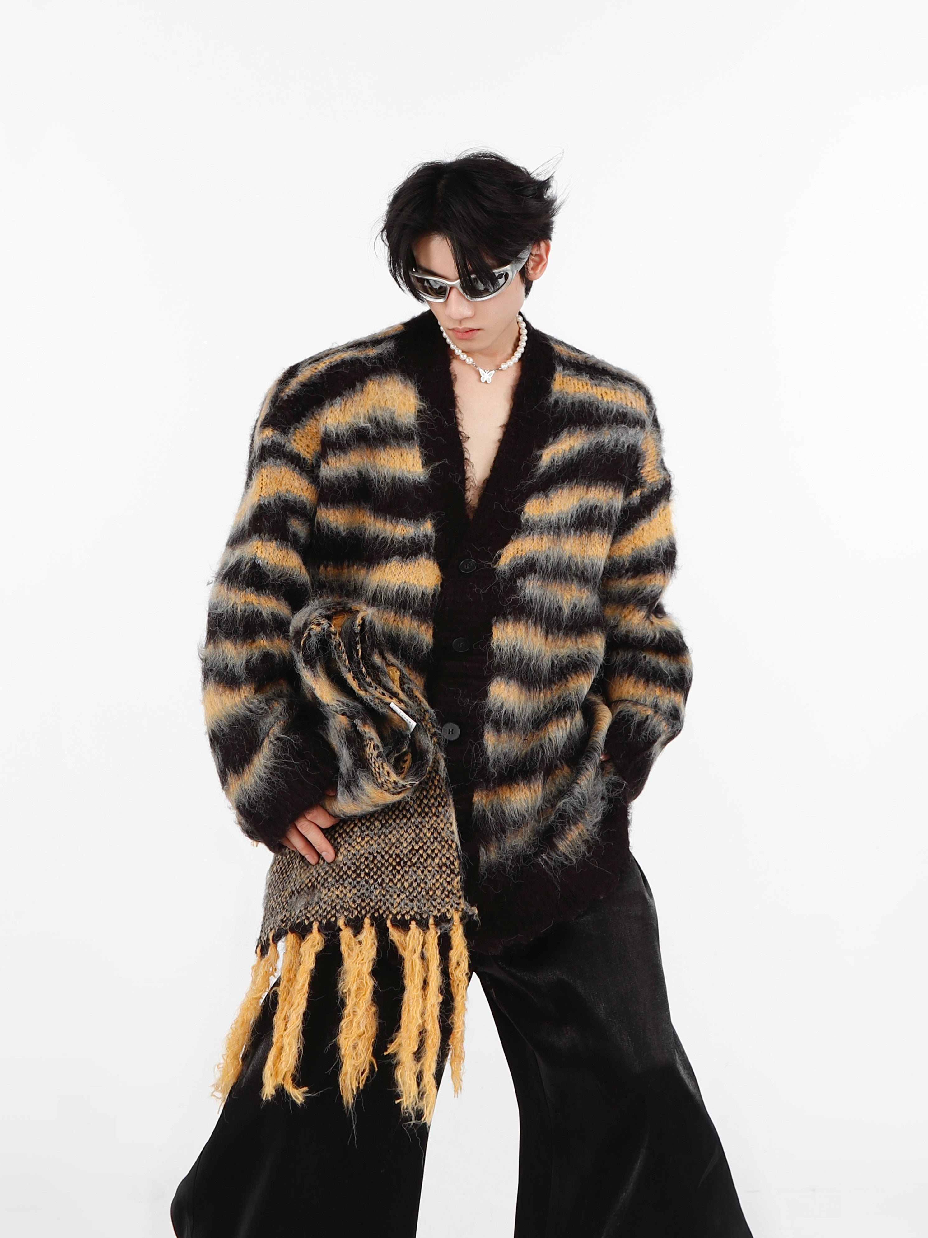 Striped Mohair Cardigan - Oversized V-Neck Knit Sweater Unisex