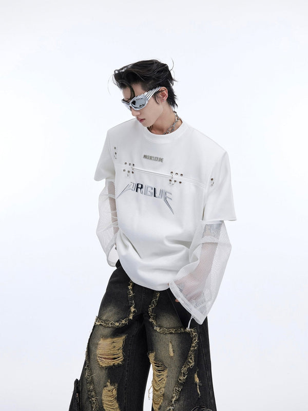 2 - in - 1 Mesh Spliced Long Sleeve T - Shirt with Metallic Print for Summer - ArguE CulturE