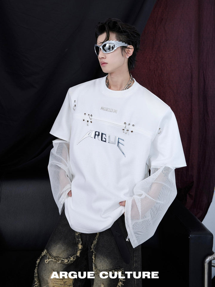 2 - in - 1 Mesh Spliced Long Sleeve T - Shirt with Metallic Print for Summer - ArguE CulturE