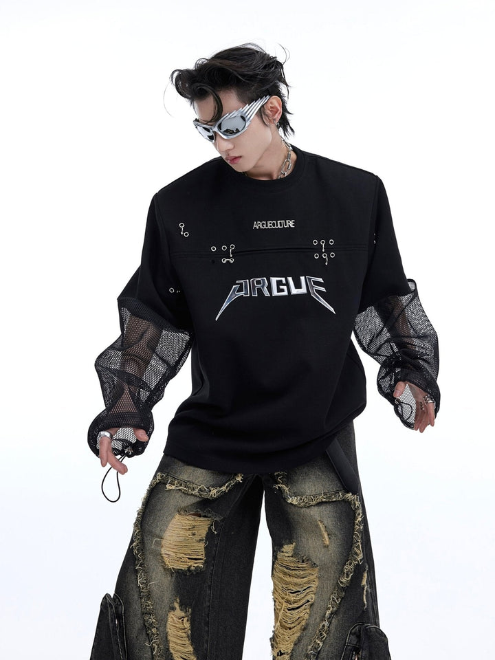 2 - in - 1 Mesh Spliced Long Sleeve T - Shirt with Metallic Print for Summer - ArguE CulturE