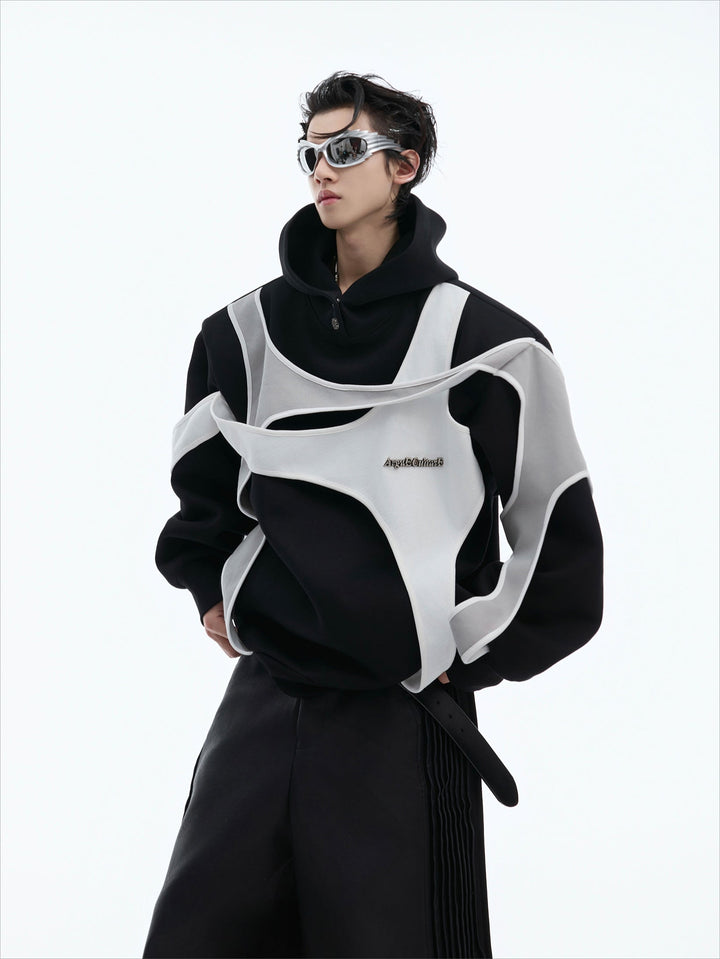 Layered Contrast Hoodie with Strap Design and Detachable Shoulder Pads - ArgueCulture