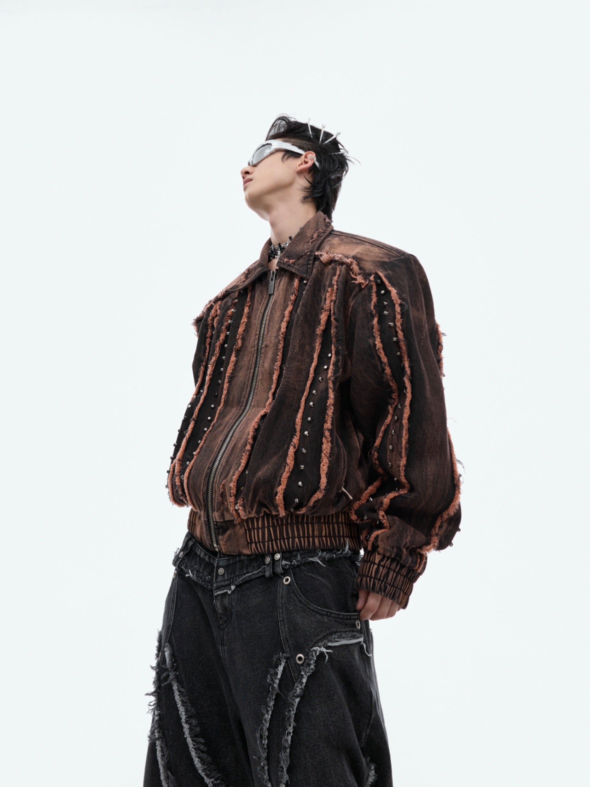 Distressed Deconstructed Denim Jacket - Shoulder Pads Metal Studs Fringe