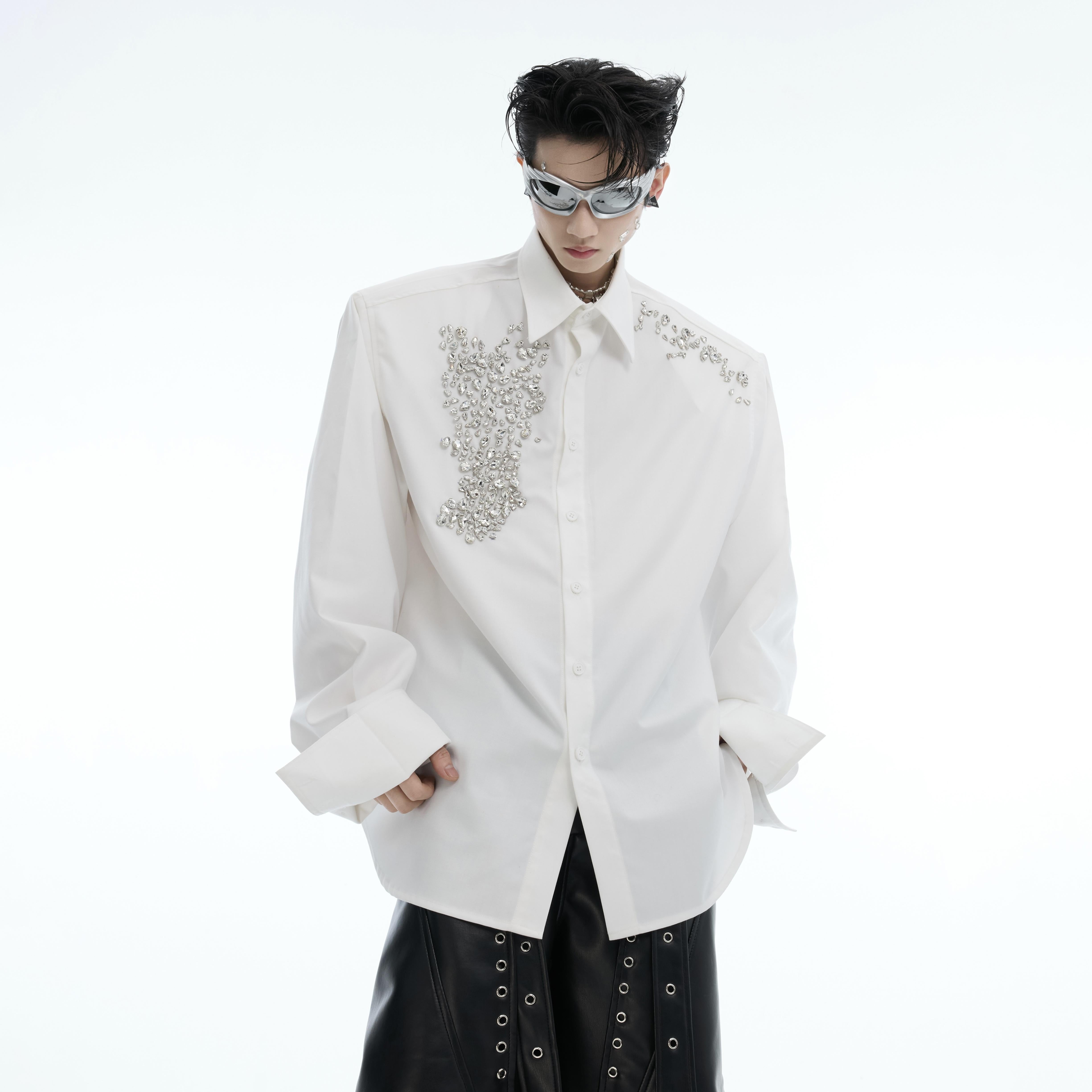 Glitter-Shoulder Oversized White Shirt - Diamond-Trim Luxury Top