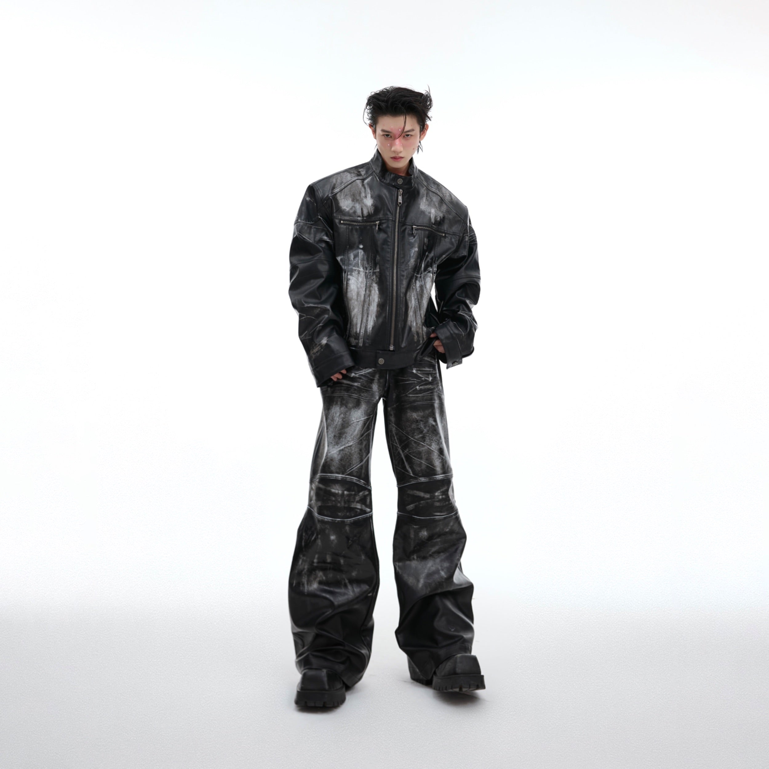 Vintage Distressed Oversized Biker Jacket - Streetwear Leather Set