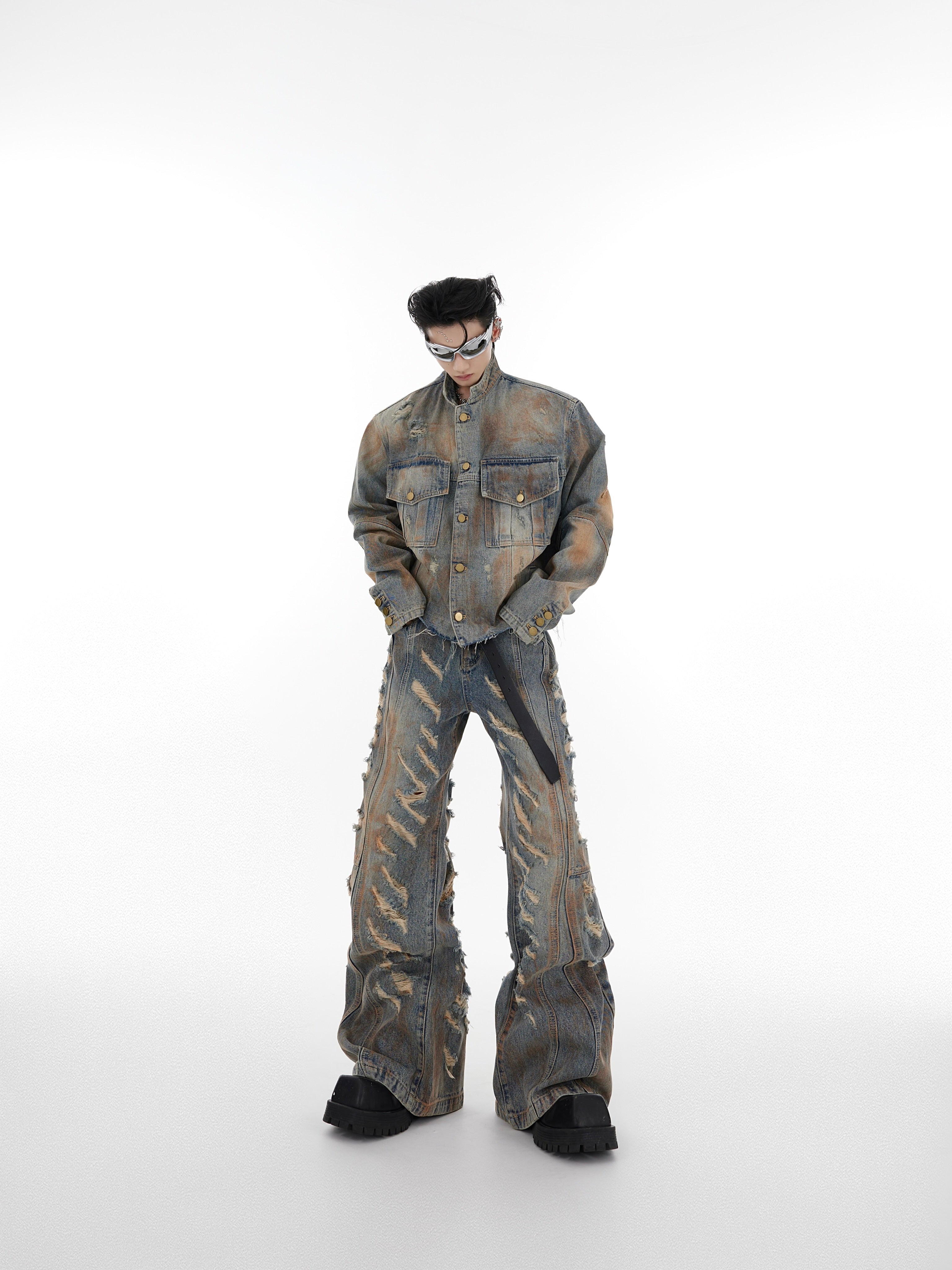 Vintage Distressed Denim Set - Destroyed Jacket & Flare Jeans