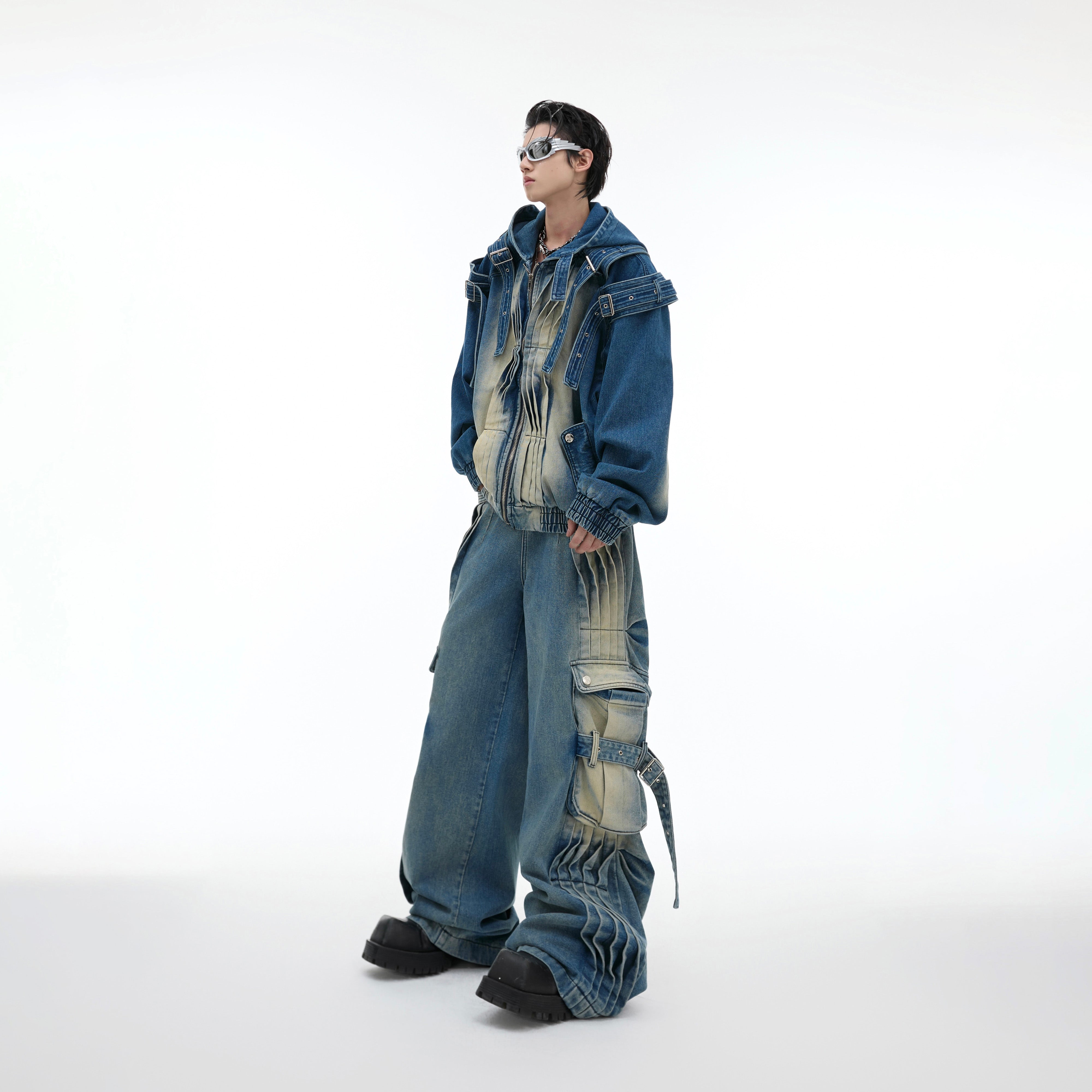 Deconstructed Distressed Denim Jacket with Oversized Pockets