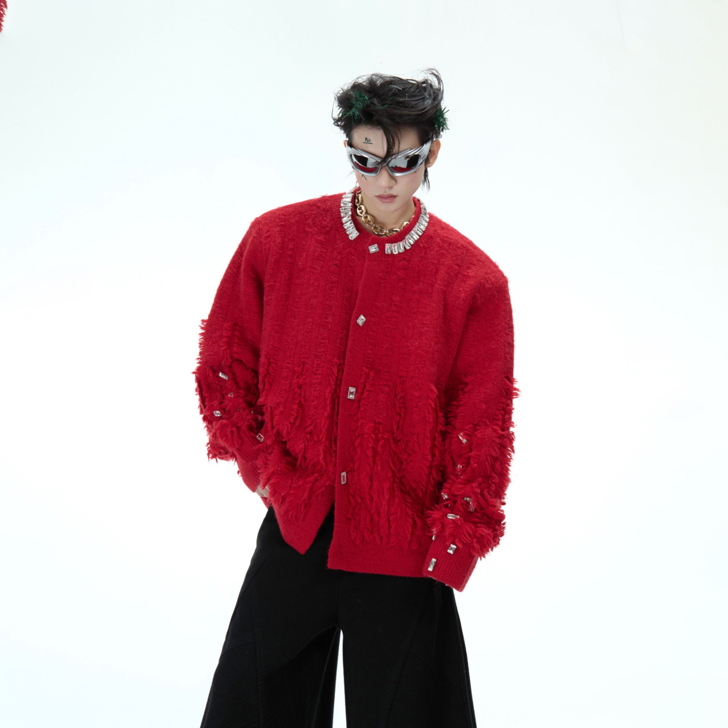 Diamond-Trimmed Oversized Knit Sweater - Winter Streetwear