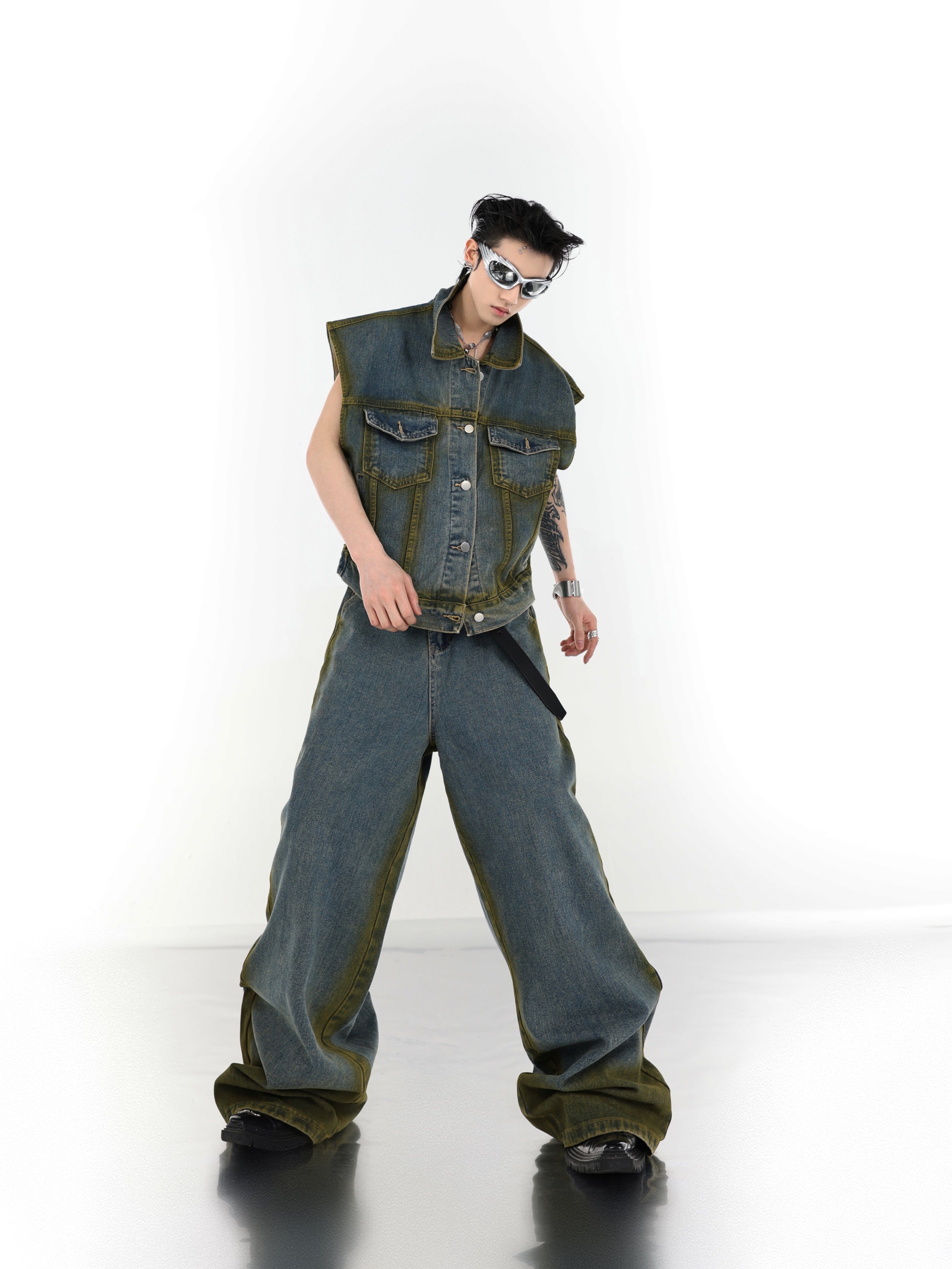 Vintage Washed Denim Tank Top Set - Hand-Painted Sleeveless Streetwear