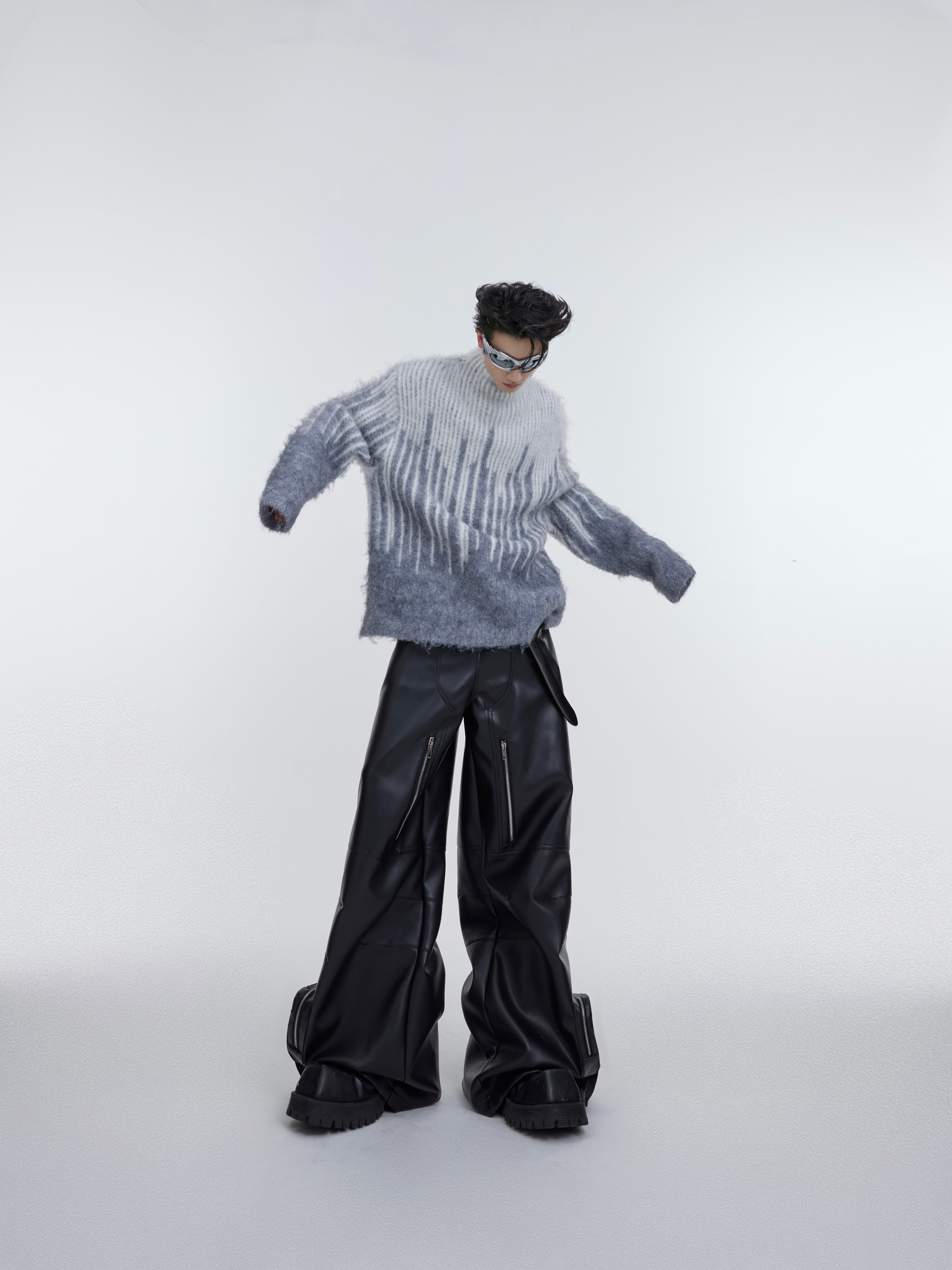 Oversized Mohair Sweater - Colorblock Striped High Neck Knit