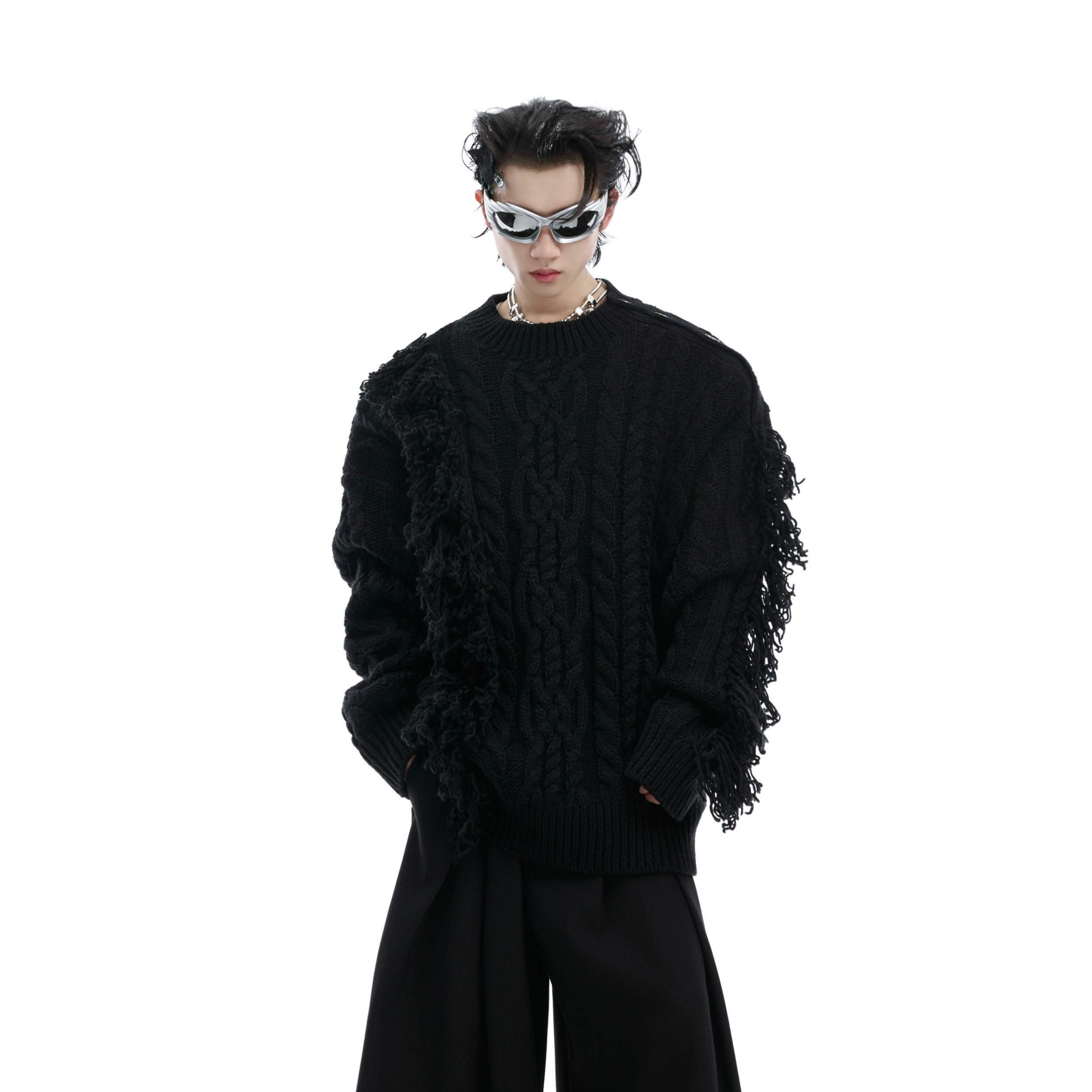 Cropped Ribbed Knit Sweater - Fringe Detail & Metal Buttons