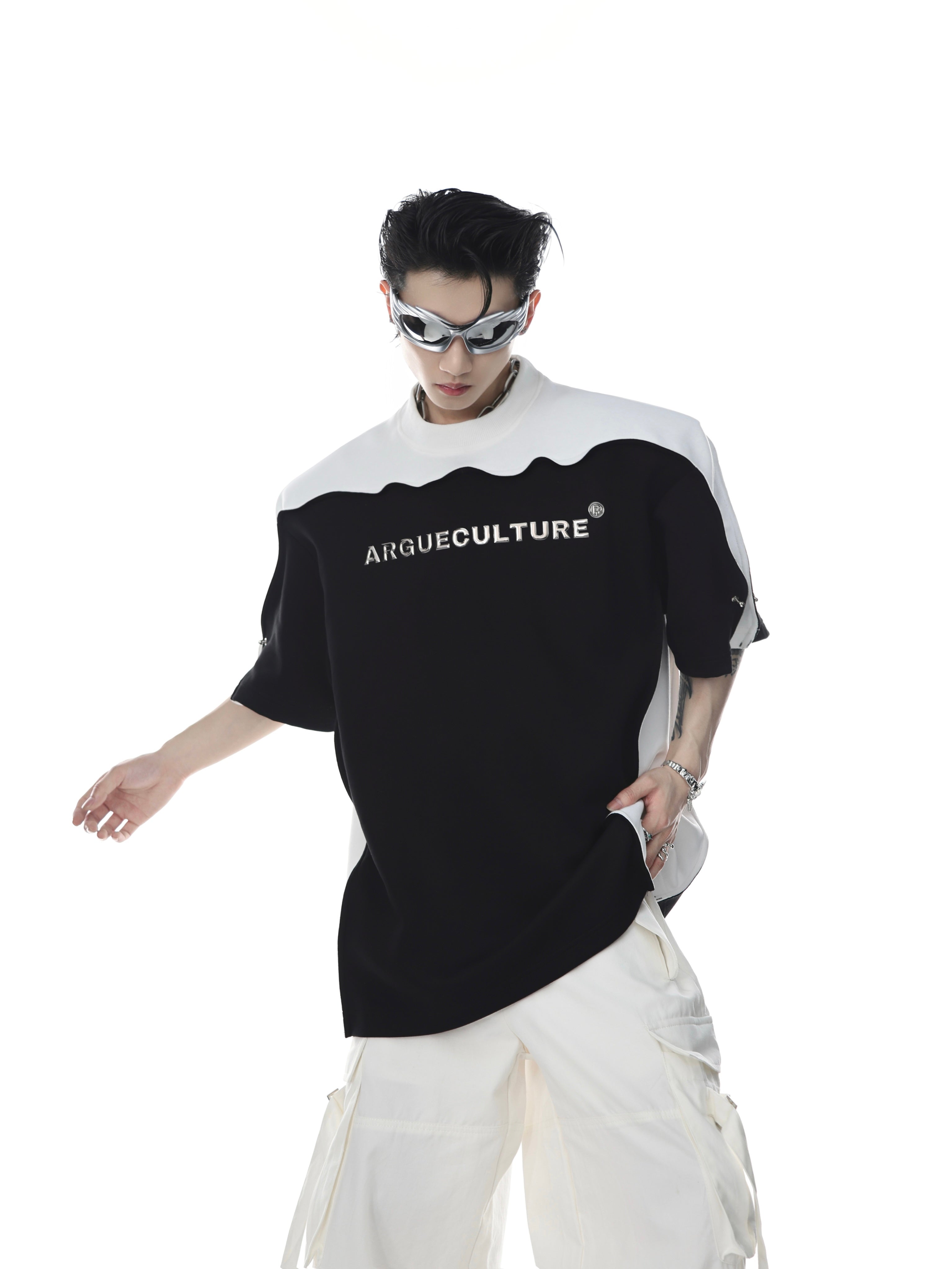 Edgy Patchwork T-Shirt with 3D Metallic Print-Wave Sleeve Design