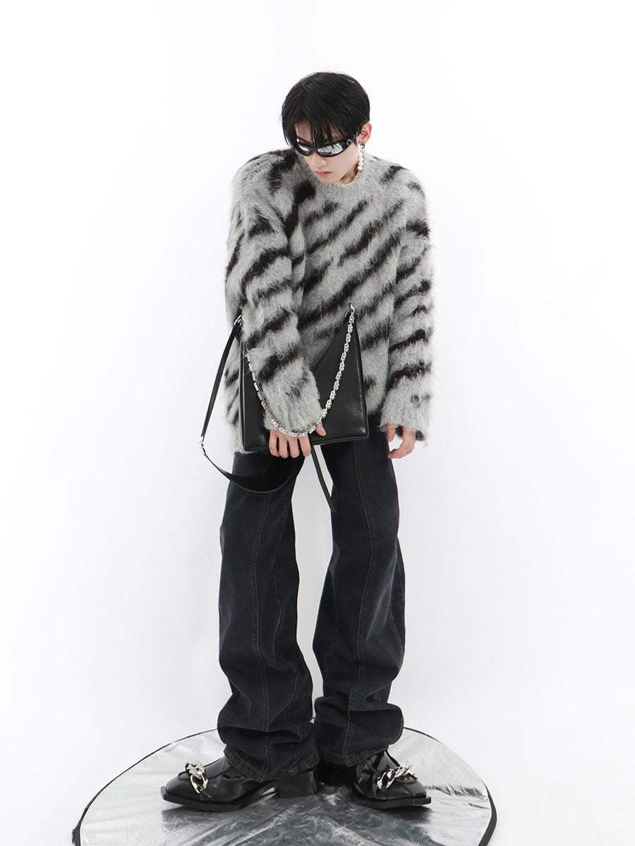 Zebra-Stripe Mohair Sweater - Oversized Crewneck Streetwear Top