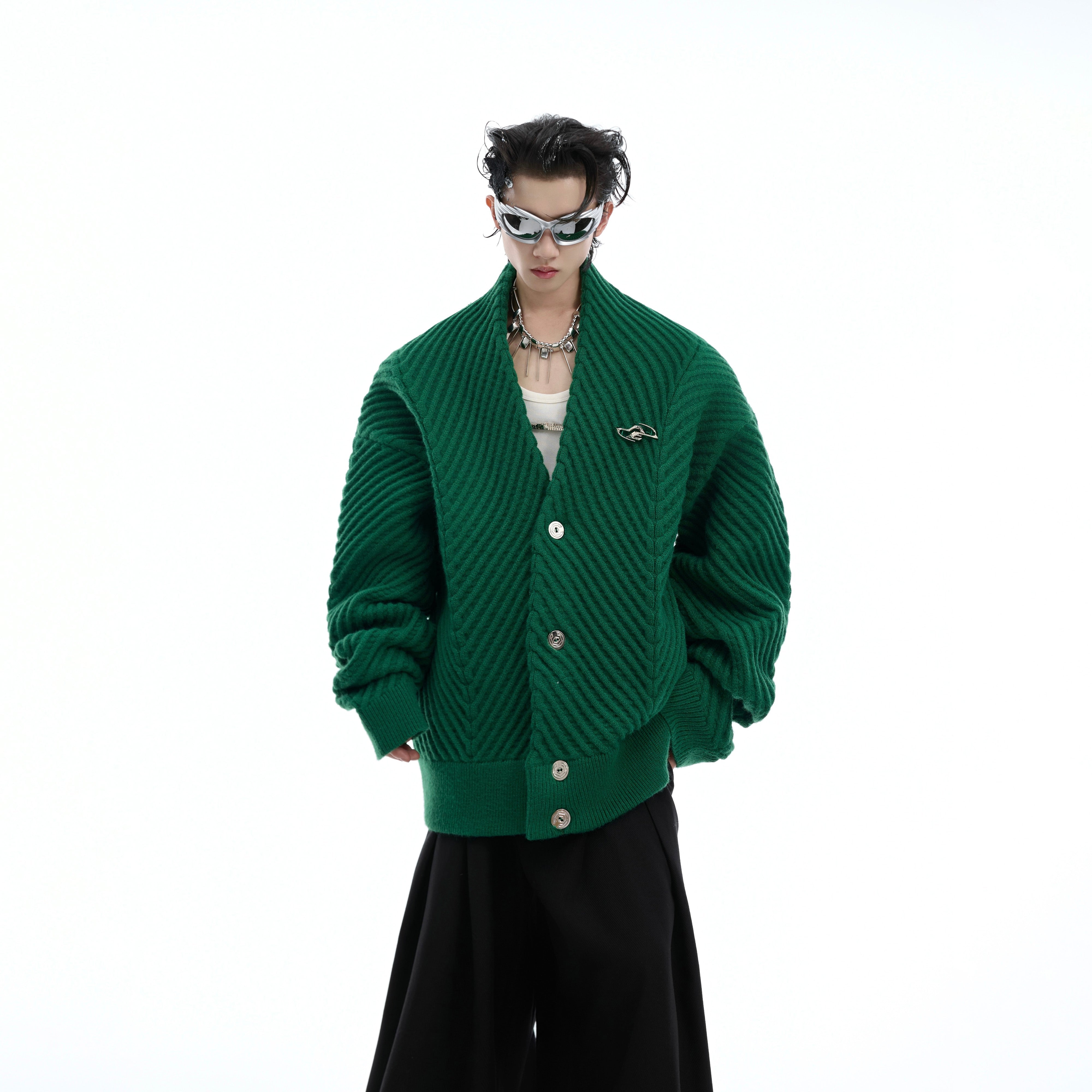 Oversized V-Neck Knit Cardigan - Chunky Metal Buttons - Streetwear