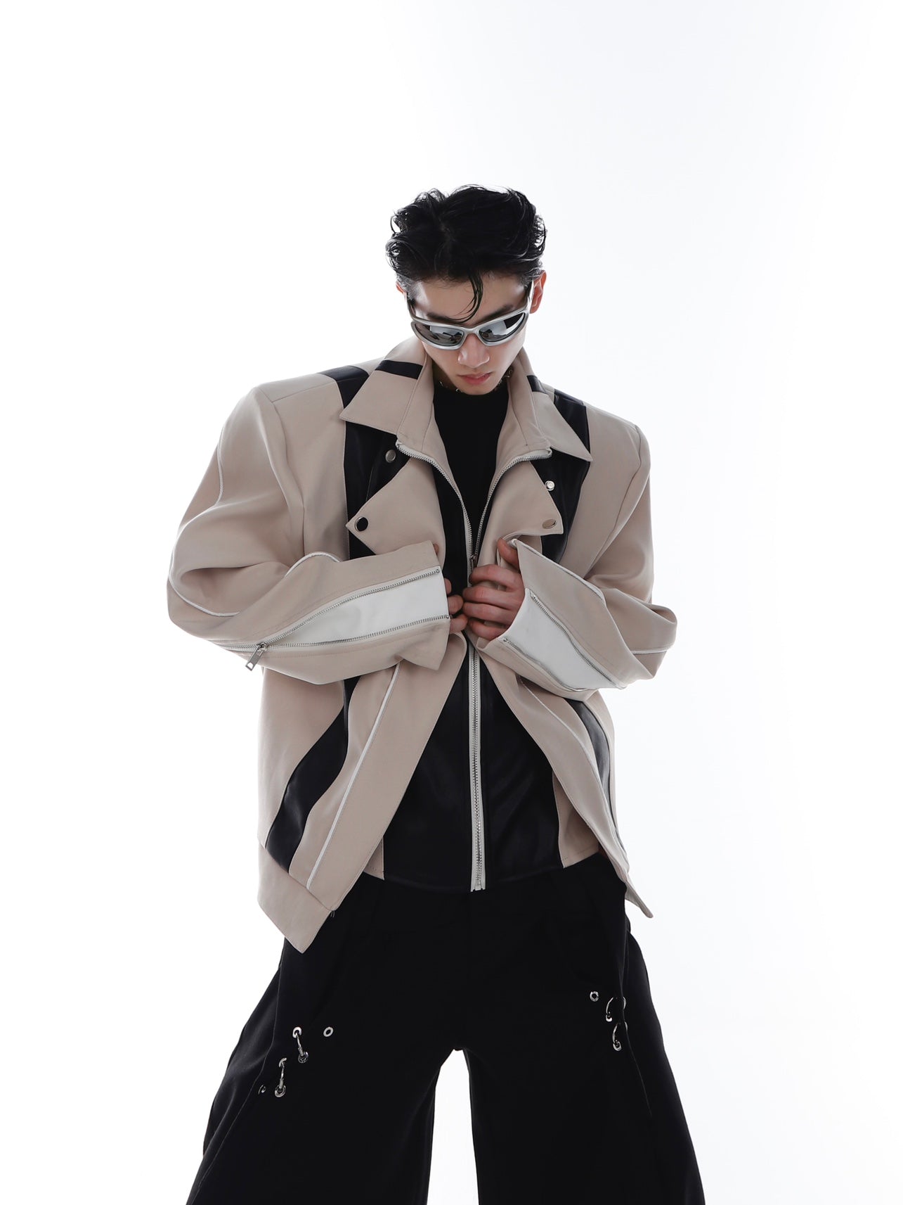 Deconstructed PU Leather Biker Jacket with Shoulder Pads