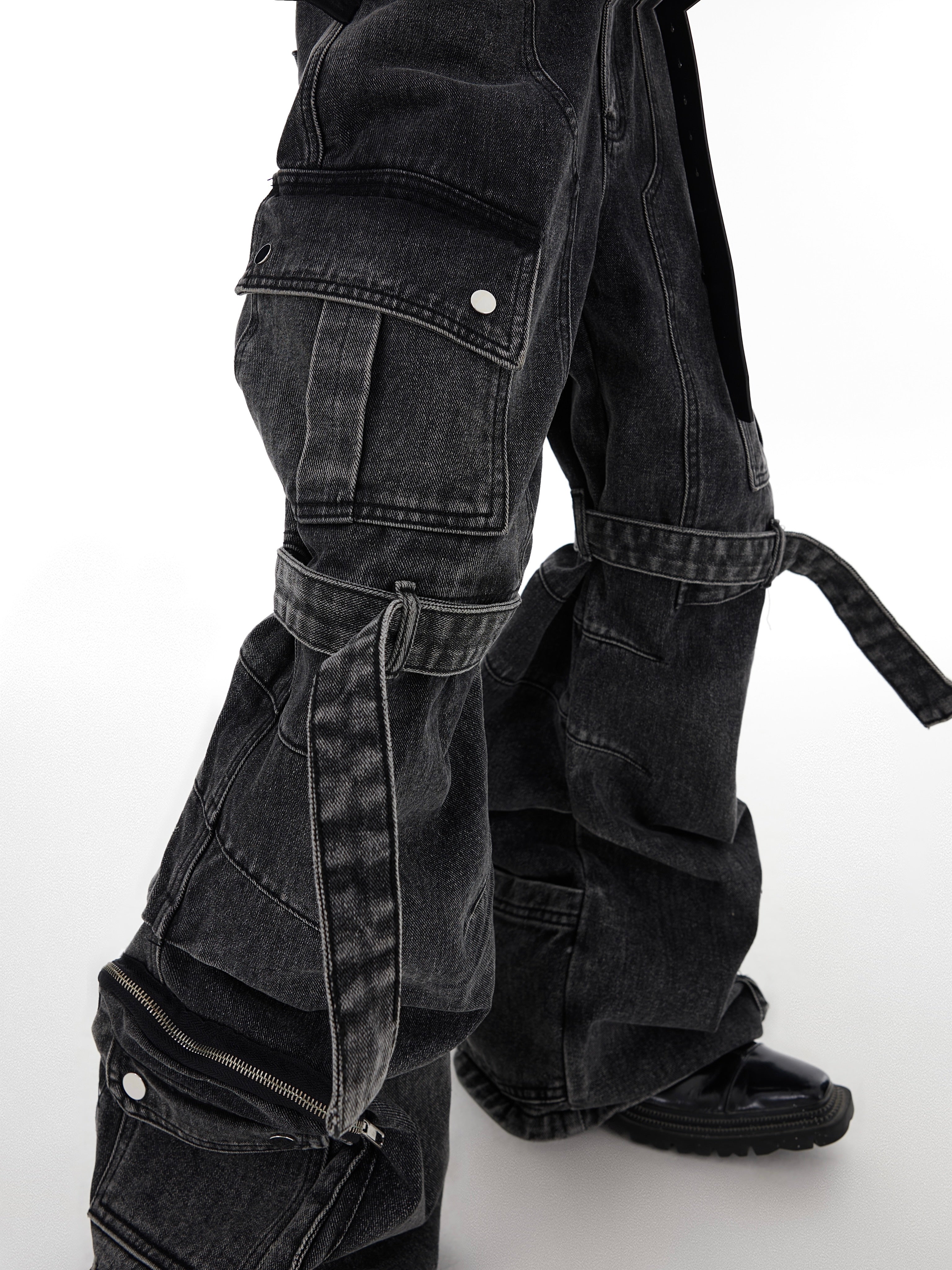 Deconstructed Washed Denim Pants - Cargo Wide-Leg with Straps