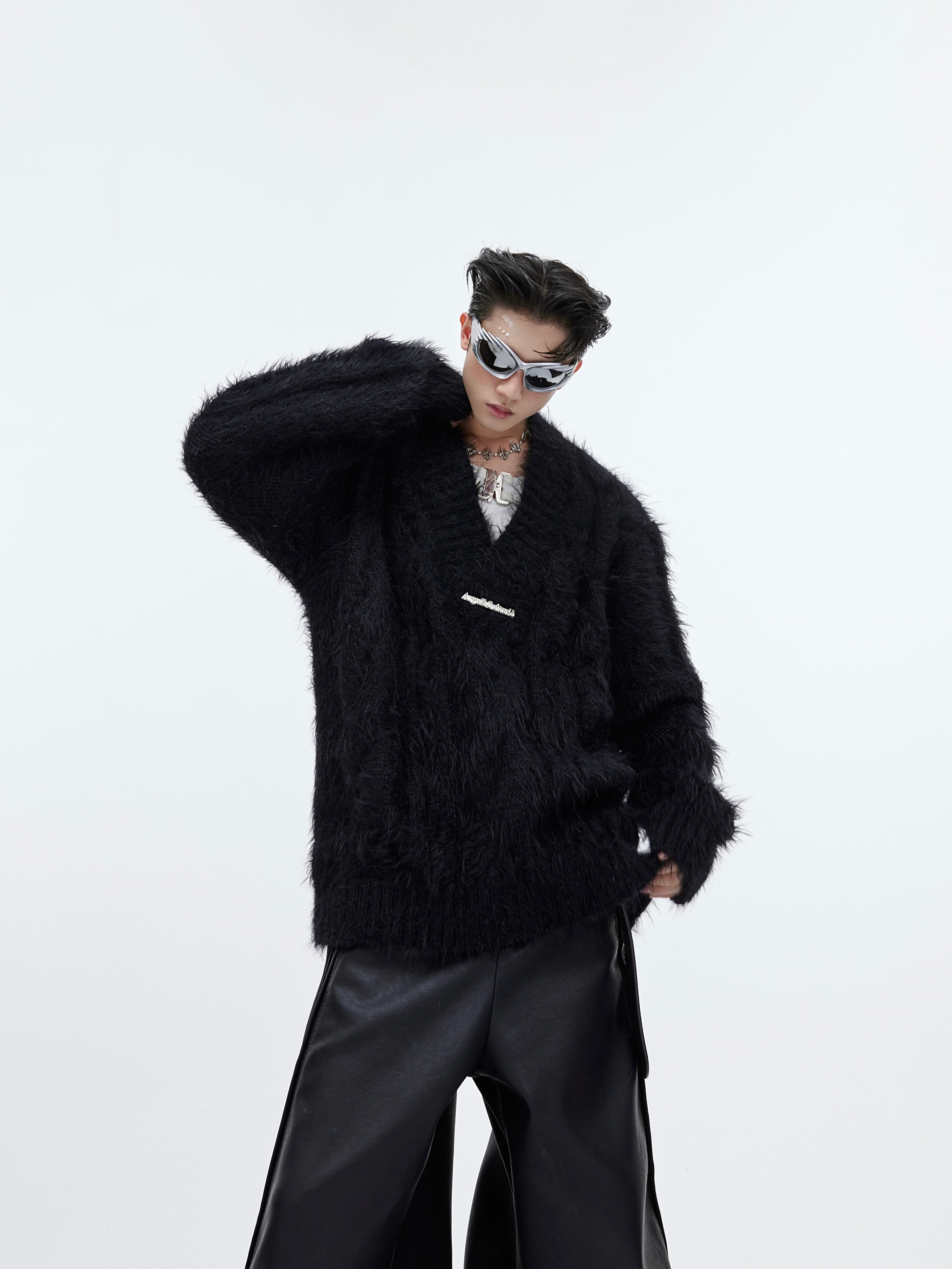Men's Chunky V-Neck Sweater - Oversized Knit Pullover - Streetwear Style