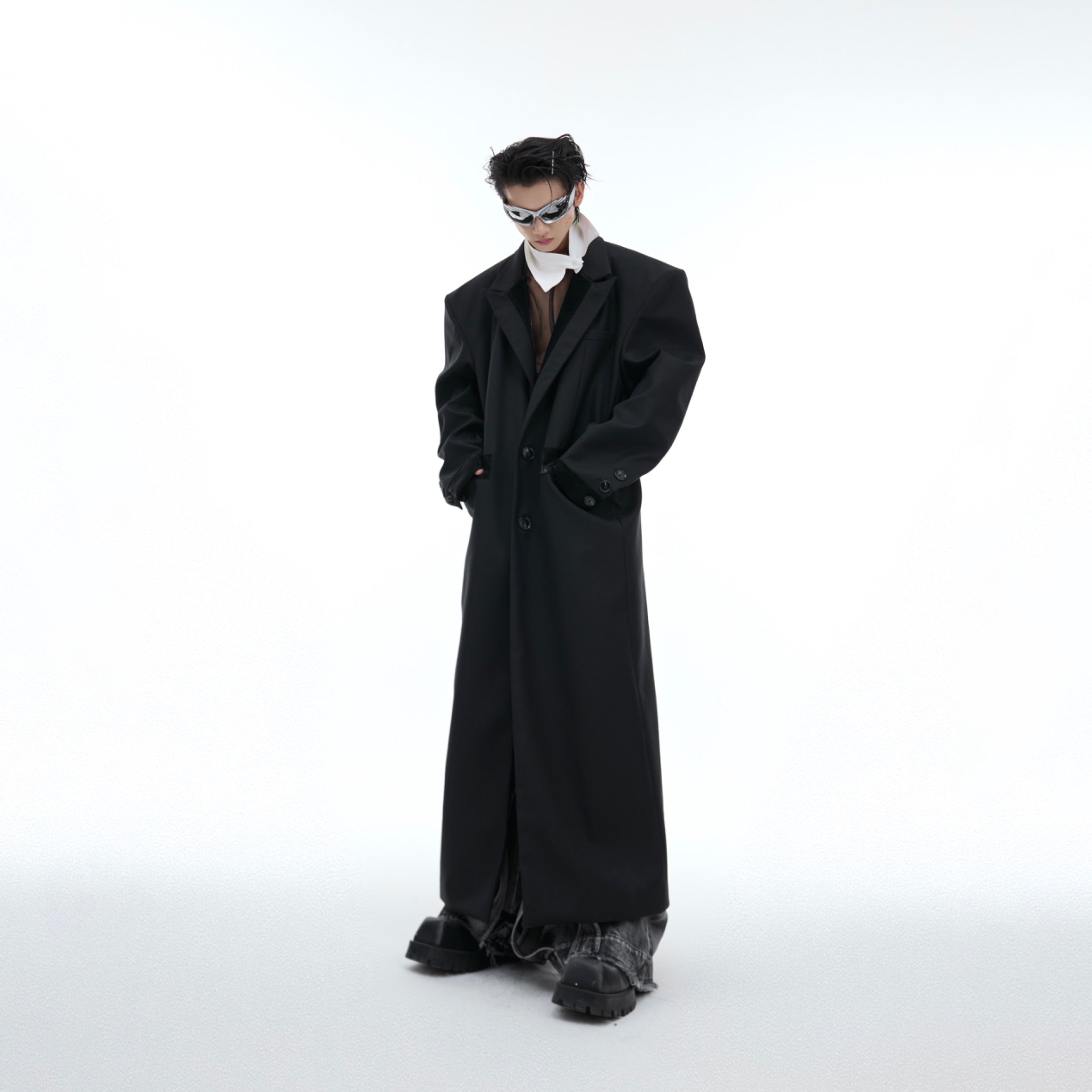 Oversized Black PU-Trim Trench Coat with Shoulder Pads